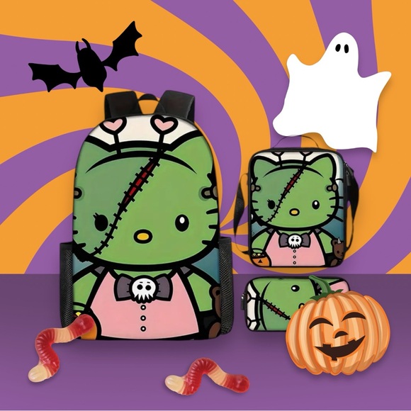 🆕 Hello Kitty Halloween Themed Backpack Set, Oxford Cloth - 3 Piece Travel Bag - Picture 5 of 9